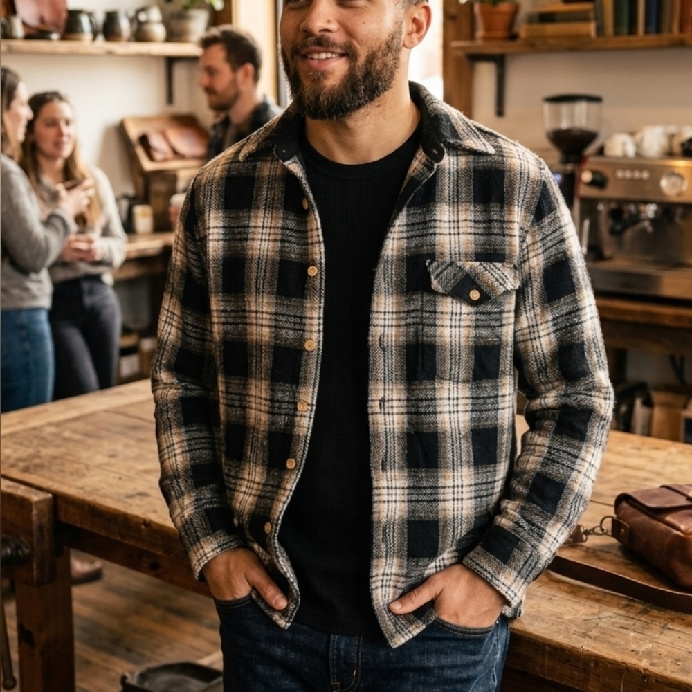 ⚜️Black & Cream Plaid Button-Up Shirt Jacket